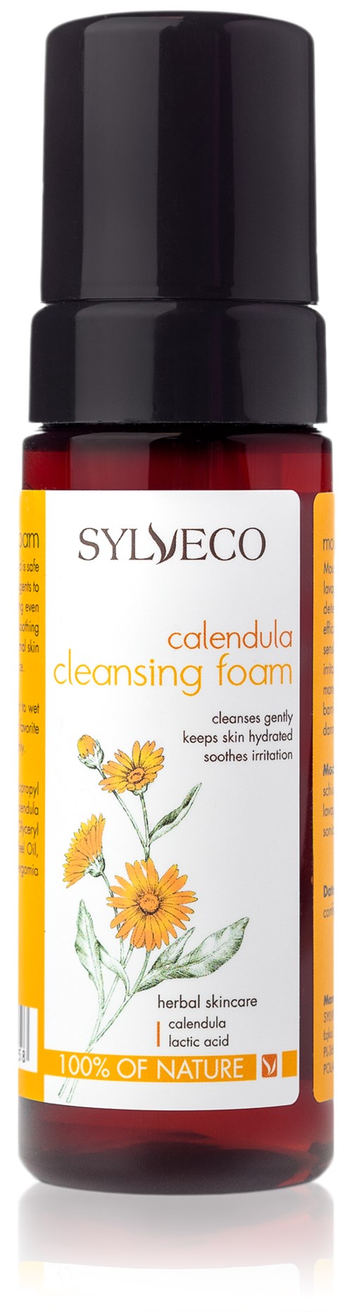 En rød flaske med Calendula rensende skum med svart hette og etikett med blomster og merkenavn.