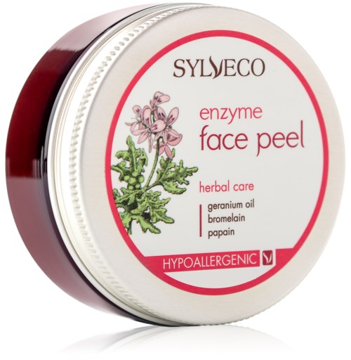 Et rundt plastbeholder med hvit lokk som inneholder herbal face peel fra Sylveco, med vekt på urter og hypoallergen.