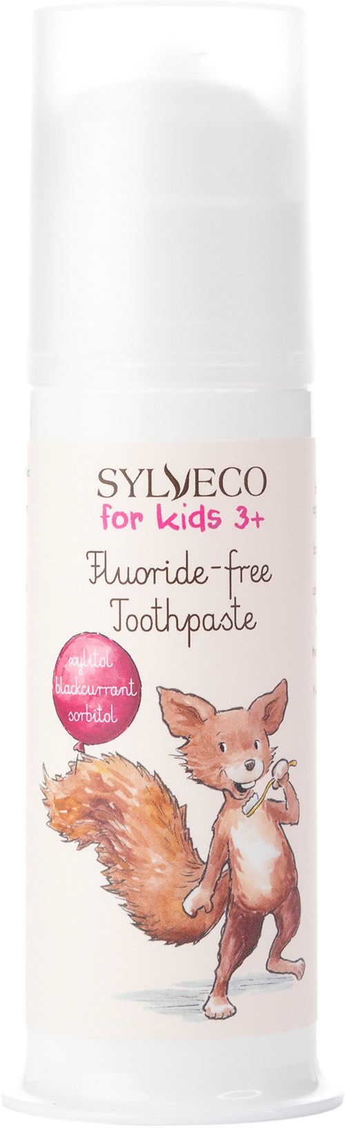 En hvid flaske med en ræv-tegning, mærket 'Sylveco for Kids 3+', indeholder fluor-fri tandpasta.