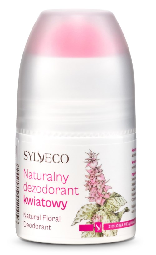 A roll-on natural floral deodorant with pink cap, floral illustrations, and white and pink label text.