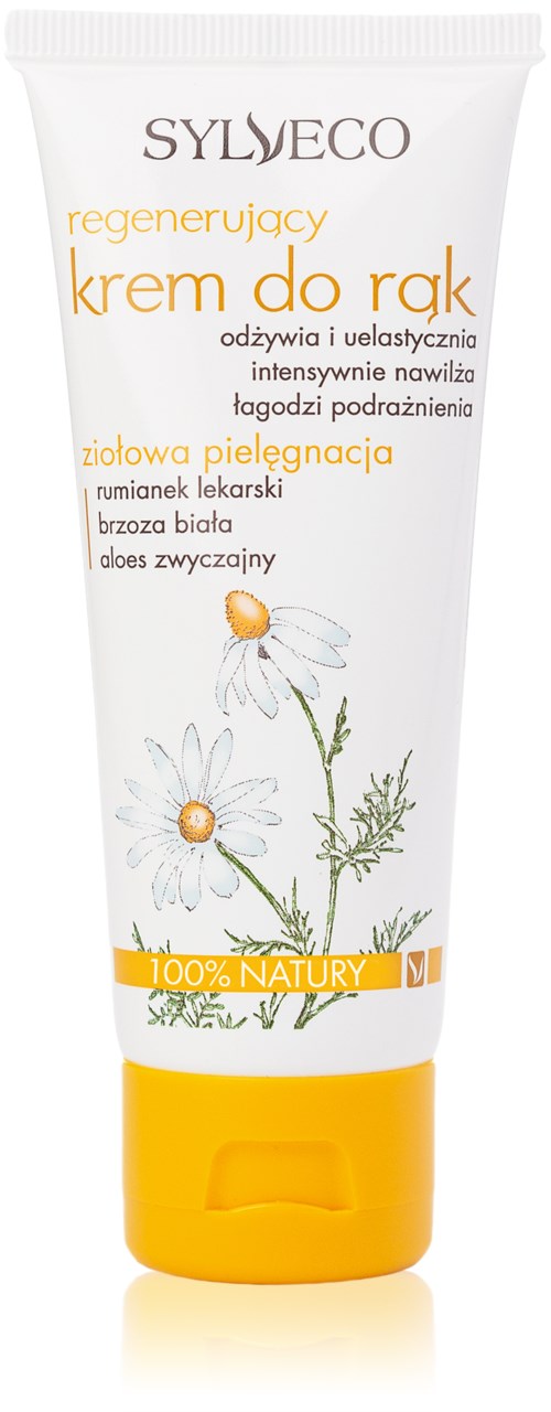 A tube of skincare cream with chamomile flowers, mostly white and yellow packaging, and natural ingredients label.