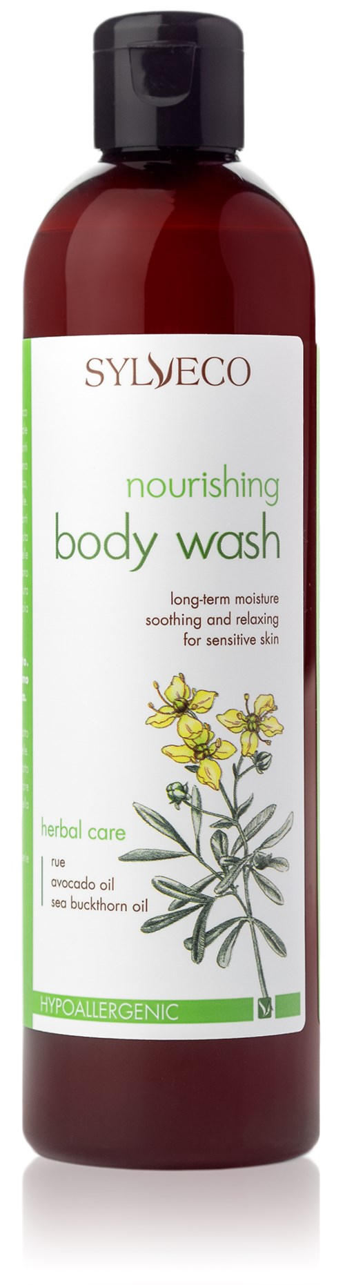 A brown bottle with a black cap, labeled as nourishing body wash with herbal care and natural ingredients.