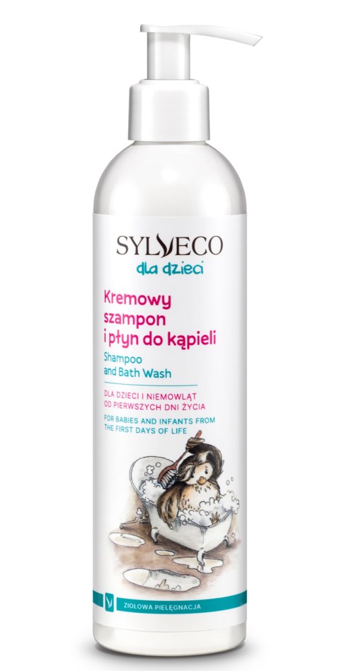 En hvit flaske med pumpe inneholder barne-sjampo og badedrikk, med en tegneserie jente som vasker håret.