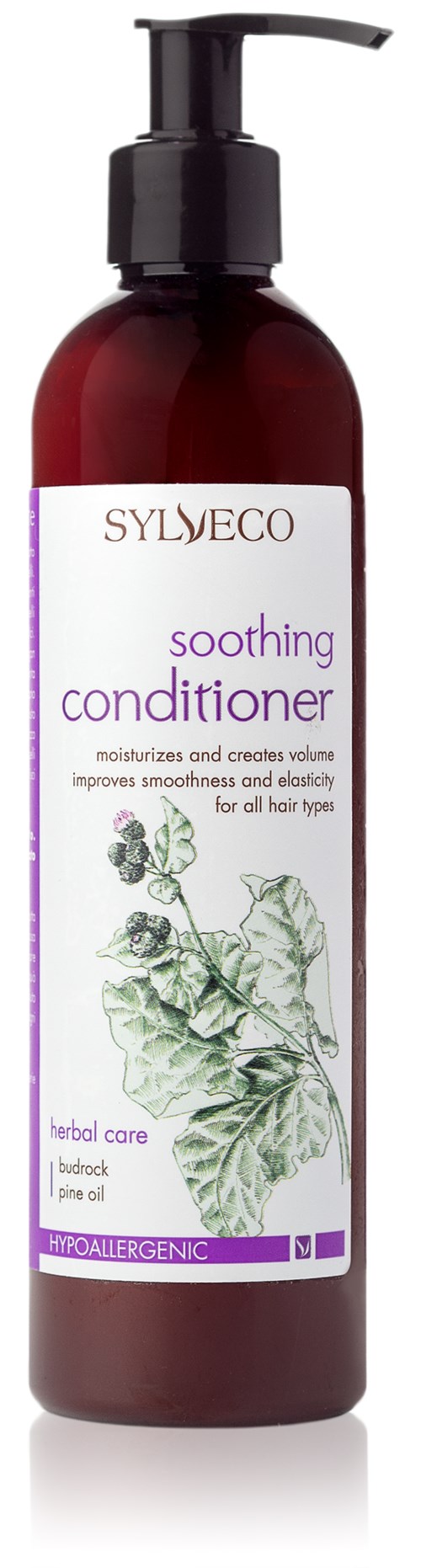 En brun flaske med pumpe, merket som beroligende balsam for hår, inneholder urtemidler og er hypoallergen.