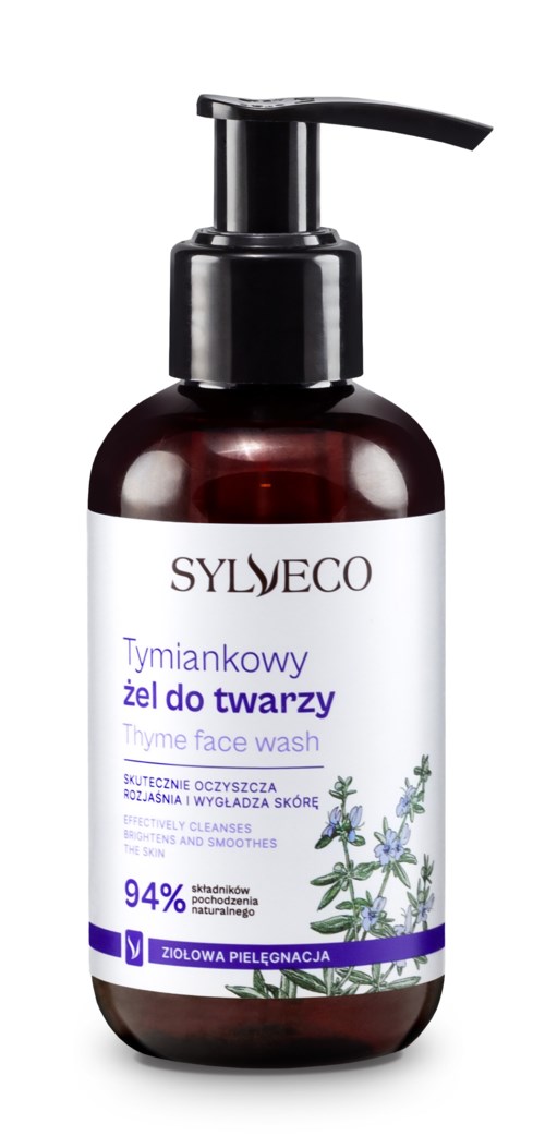 A dark brown bottle with a pump, labeled as thyme face wash, containing 94% natural ingredients and thyme plant illustration.