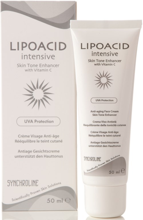 En tub och förpackning av LIPOACID Intensive hudtonförbättrare med C-vitamin och UVA-skydd. Rent, vitt design med solsymbol.