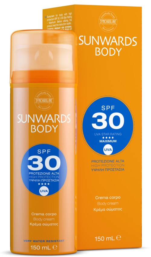 Sunwards Body solkräm med SPF 30 i orange förpackning. Den är märkt som kroppskräm med hög skyddsnivå.