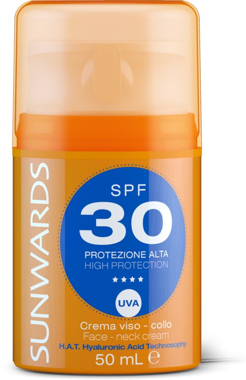 En liten flaska solkräm med SPF 30, hög skydd, ansikts- och nackkräm, 50 mL, orange lock och etikett.