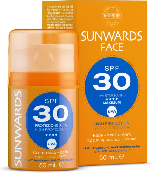 En ljusorange flaska med matchande box reklamerar ansikts- och nackkräm med hög skyddsfaktor, SPF 30.