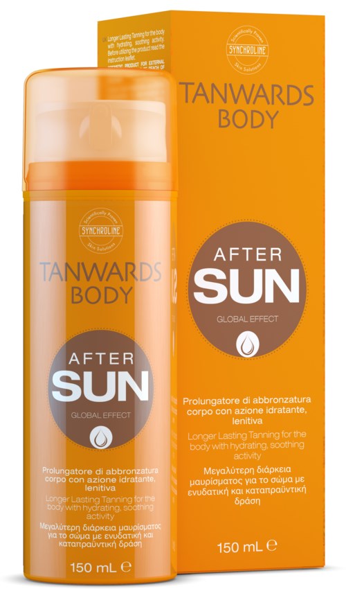 A body lotion bottle and box with orange and white colors, labeled 'Tanwards Body After Sun,' for skin moisturizing after sun.