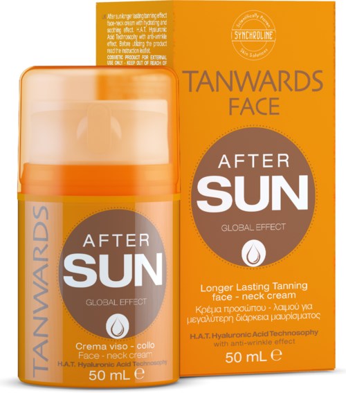 En ansiktskrämflaska och box i orange och grå färg, märkt "TANWARDS FACE AFTER SUN" för hudvård.