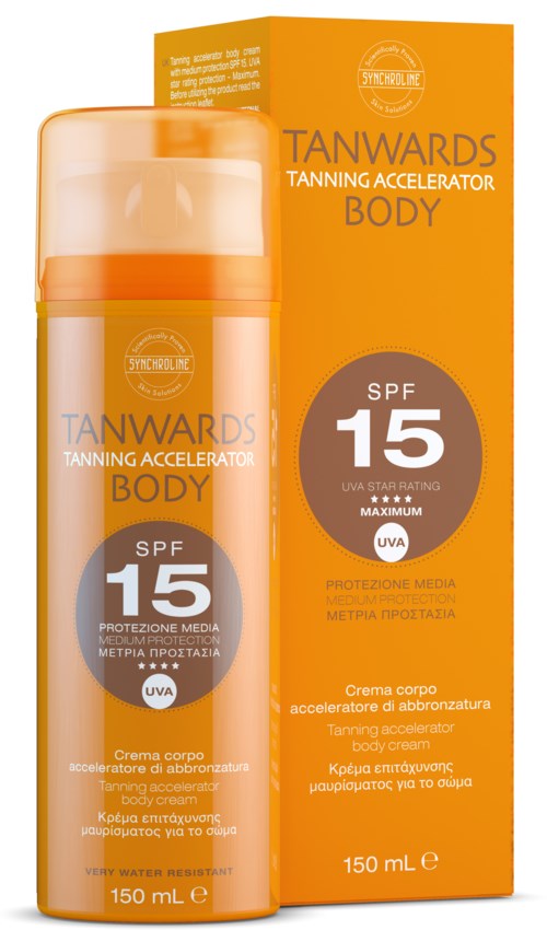 En solbränna-accelererande kroppskräm med SPF 15, i en flaska och låda, orange och vit design, märkt för måttligt skydd.