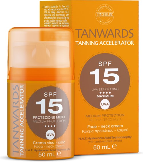 Orange flaska och förpackning för solningsaccelerator med SPF 15, ansikte och halskräm, medelhög skydd, 50 mL.