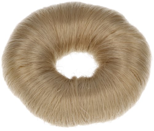 En fluffig, beige rund sak med ett hål i mitten, som liknar ett hårband eller en mjuk ring.