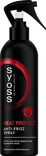 A black spray bottle with a spray nozzle, labeled "SYOSS HEAT PROTECT Anti-Frizz Spray."