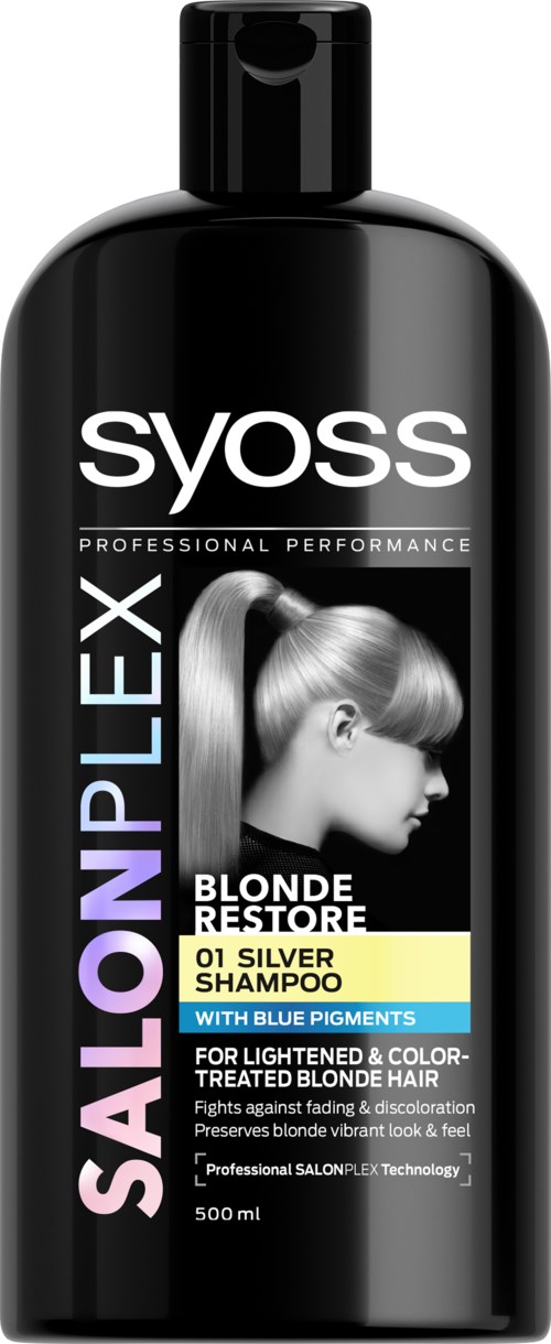 Svart schampoflaska med etikett som visar en blond kvinna och produktinformation.
