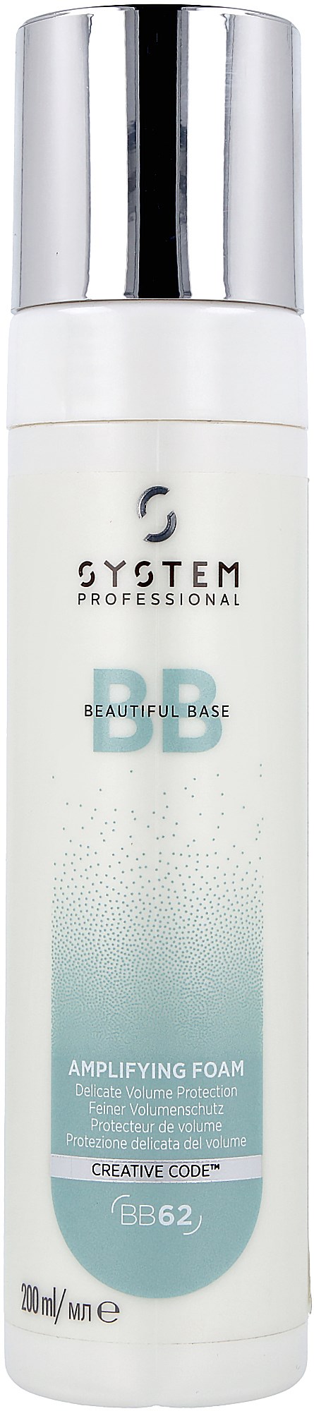 En vit flaska med silverlock, märkt 'SYSTEM PROFESSIONAL' och 'AMAZING FOAM', 200ml storlek.