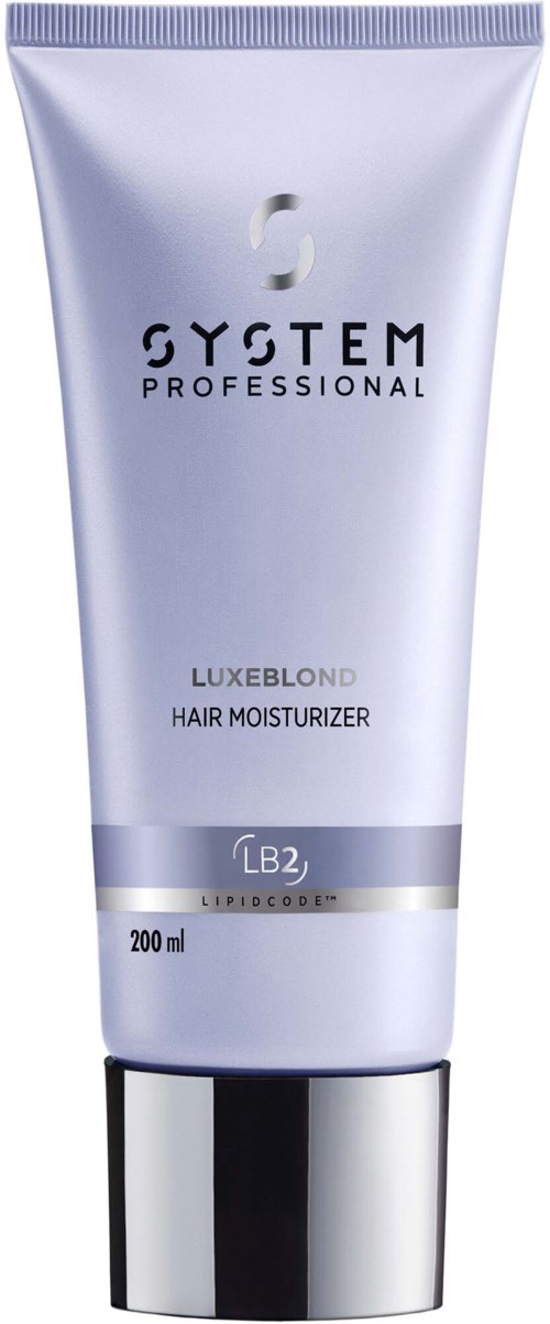 Hopea ruiske tuubi hiustenhoitotuotetta, sinisessä ja mustassa tekstissä, nimeltä 'LUXE BLOND' ja '200 ml'.