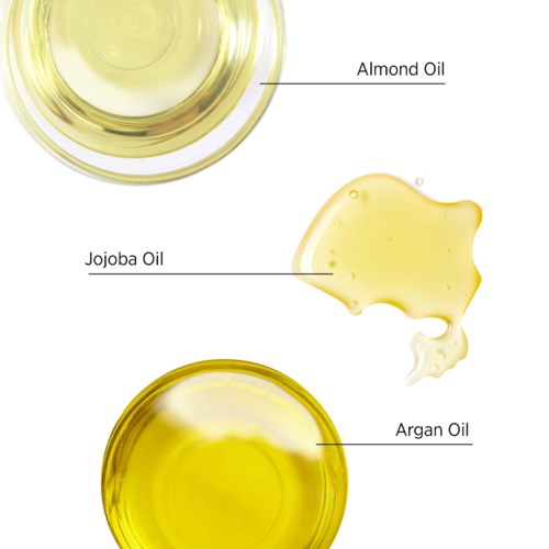 Kaavio, jossa on manteli-, jojoba- ja arganöljyt esitellen ja tippojen kanssa.