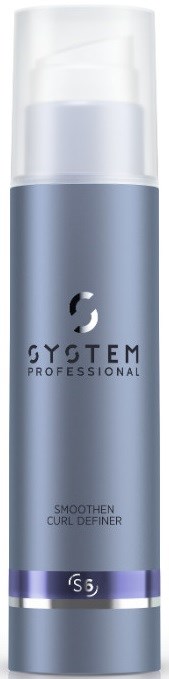En silver- och lila flaska med märket 'GYSTEM Professional' för hårstyling, särskilt för slätning och lockar.