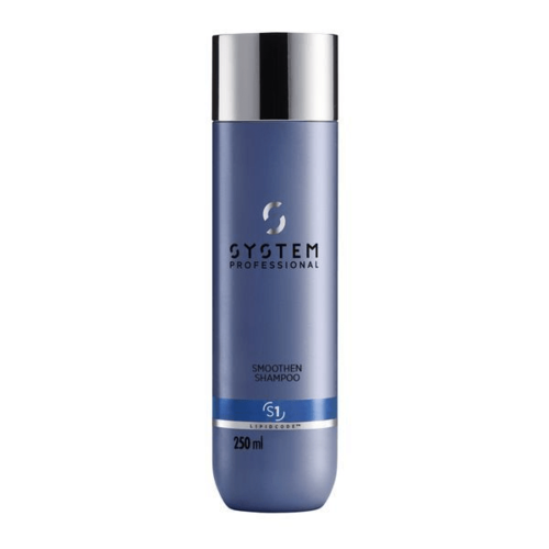 Sininen shampookurkkupullo hopeisella kannella, etiketti kertoo 'System Professional' ja 'Smoothen Shampoo', 250 ml.