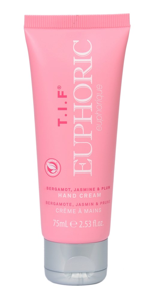 Rosa handkräm rör märkt T.I.F. Euphoric med doft av bergamot, jasmin och plommon.
