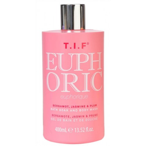Liten rosa flaske med sølvhette, merket T.I.F Euphoric bad- og kropsvask, duft av bergamot, jasmine og plomme.