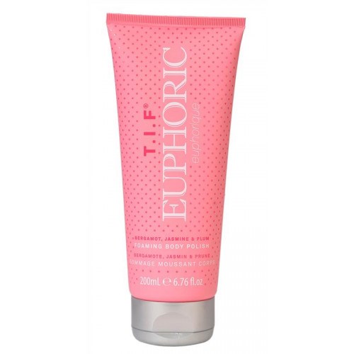 Rosa tub med kroppsskrubb märkt "T.I.F EUPHORIC" med jasmin- och plumsdoft.