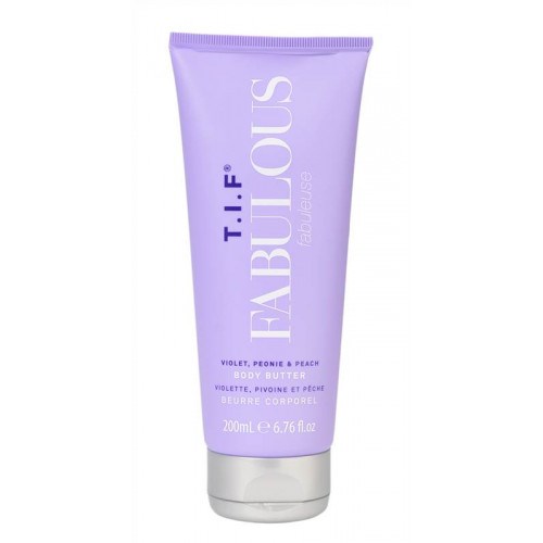 Lilla tube med body butter med hvit tekst, merket FABLEDIOUS, violet, peony og peach duft, 200 ml.