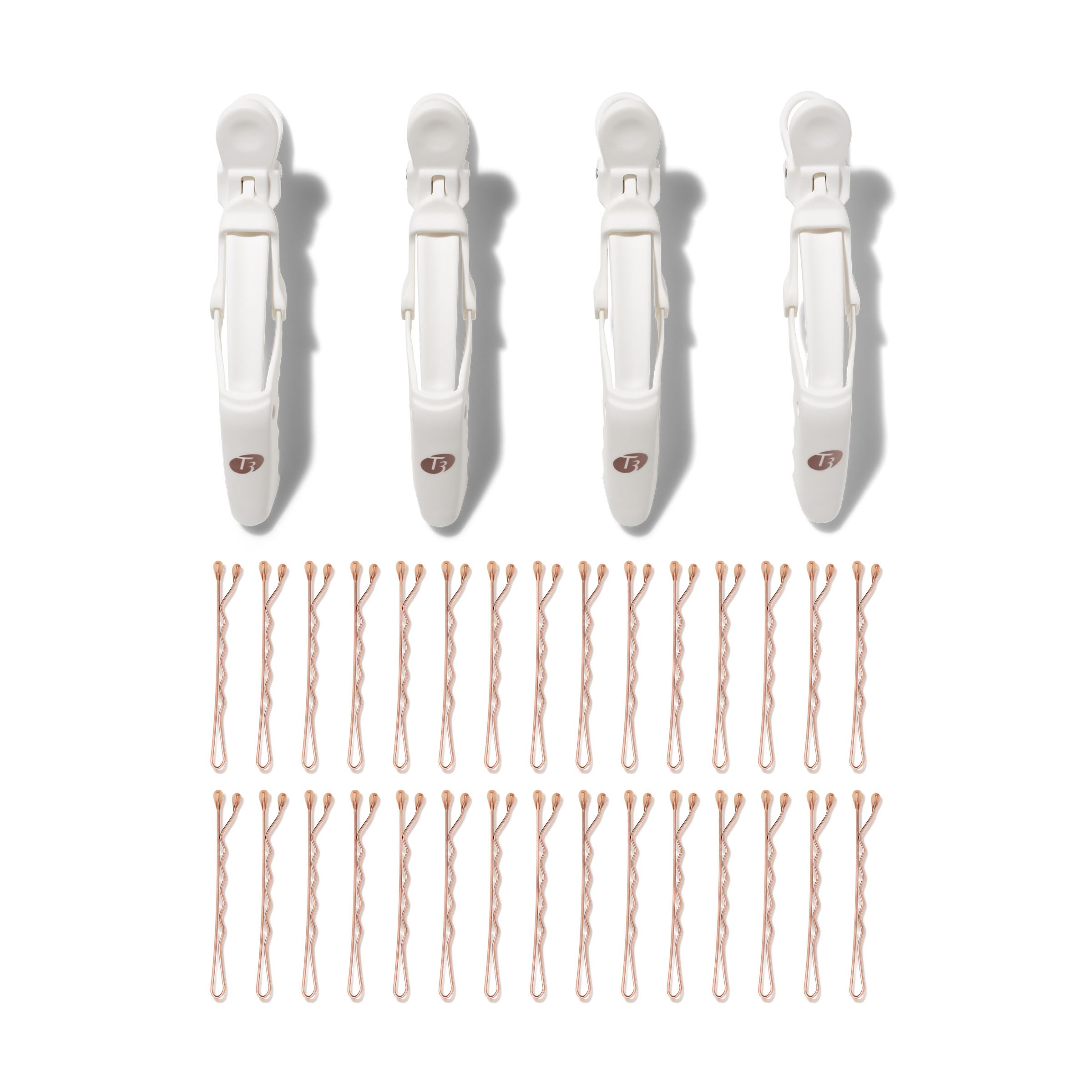 T3 Clip Kit with 4 Alligator Clips and 30 Rose Gold Bobby Pins Wh