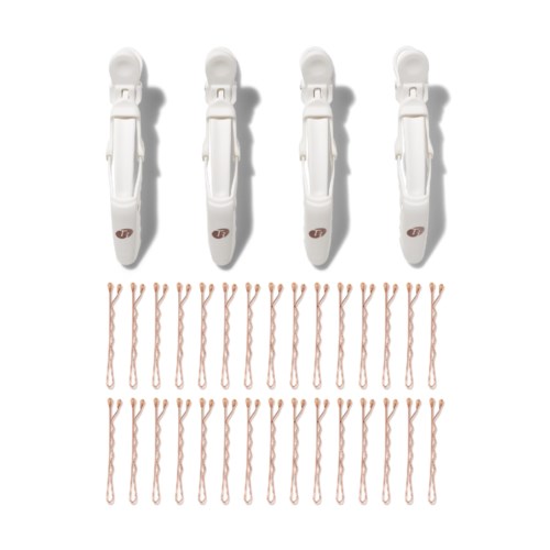 T3 Clip Kit with 4 Alligator Clips and 30 Rose Gold Bobby Pins White/Rose Gold