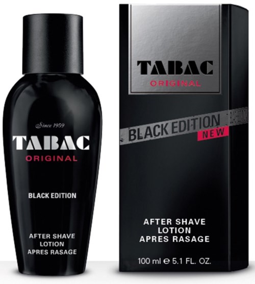 Musta pullo ja laatikko Tabac Original Black Edition -parranajovoiteelle, joissa on pinkki ja harmaa yksityiskohdat.