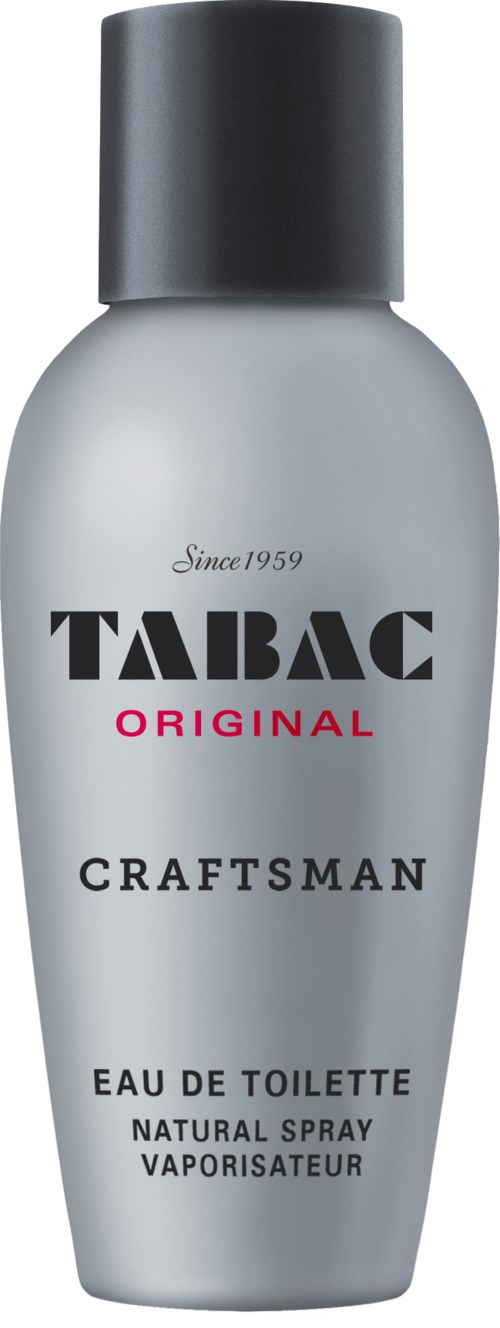 Eine weiße Flasche Tabac Original Craftsman Eau de Toilette mit schwarzem Deckel und rotem Text.