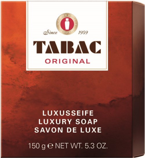 Saippuakotelo, jossa on ruskean ja oranssin värit, nimeltä 'Tabac Original Luxury Soap' ja painotiedot.