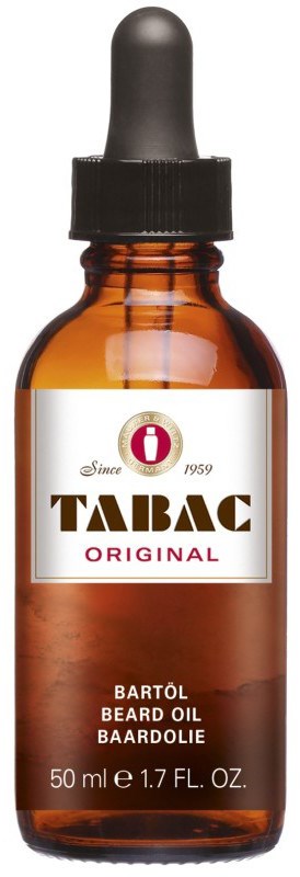 Small brown bottle with a black dropper lid, labeled 'TABAC ORIGINAL' beard oil, 50 ml.