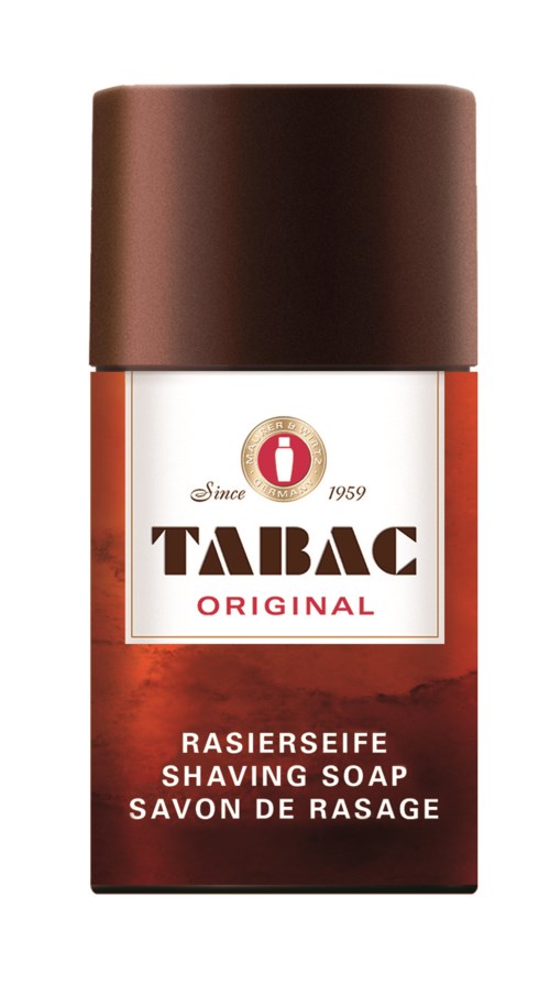 En liten flaske med Tabac Original barberkost med brun hette og rød-hvit etikett.
