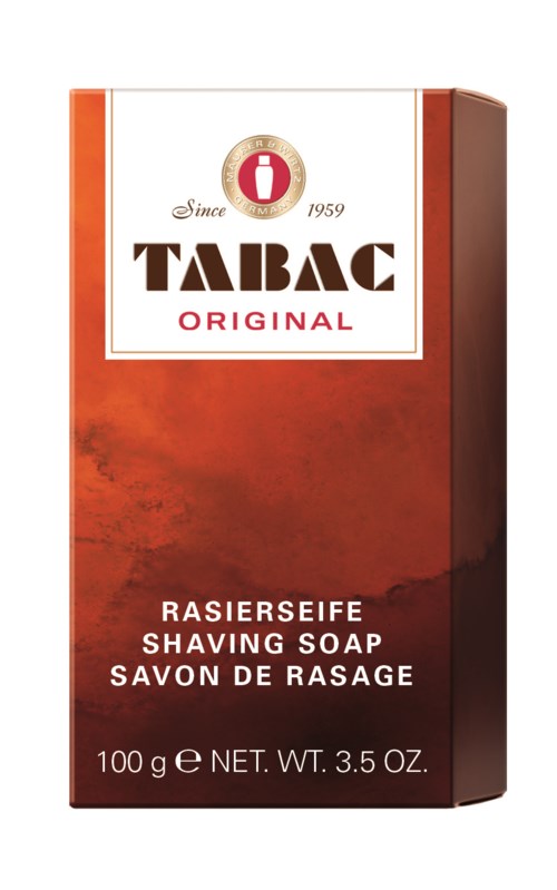 En förpackning av Tabac Original raksoap med röd och vit förpackning, 100 gram vikt, varumärkeslogga högst upp.