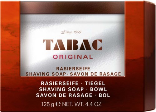 Förpackningen visar en box med Tabac Original rakhyveltvål, mörkbrun och röd, med text på flera språk, väger 125 gram.