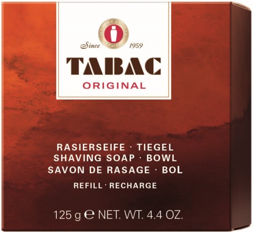 Een doos met Tabac Original scheerzeep met productdetails in meerdere talen en netto gewicht.