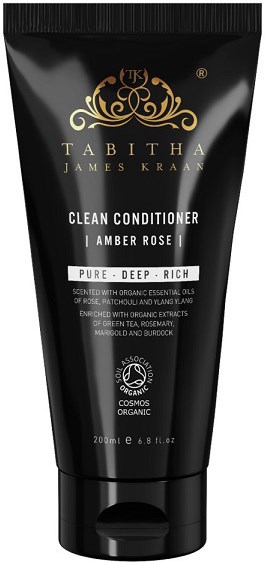 Svart tube med gull og hvit tekst, merket som Tabitha Clean Conditioner for Amber Rose, 200ml, økologisk og dyp.