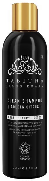 En svart flaske med gullkork for Tabitha Clean Shampoo, duftende av appelsin, mandarin og bergamot, for avgiftning.