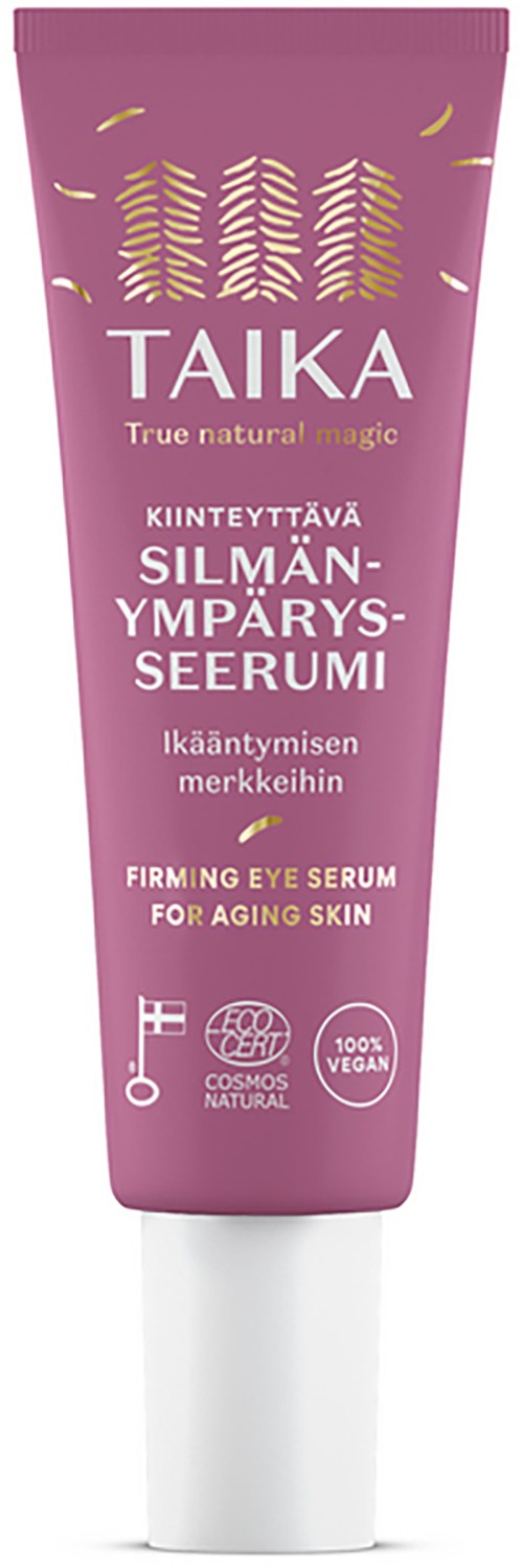 Fioletowa tubka serum do oczu ujędrniającego dla skóry starzejącej się, z naturalnymi składnikami, wegańskie, pochodzenie fińskie.