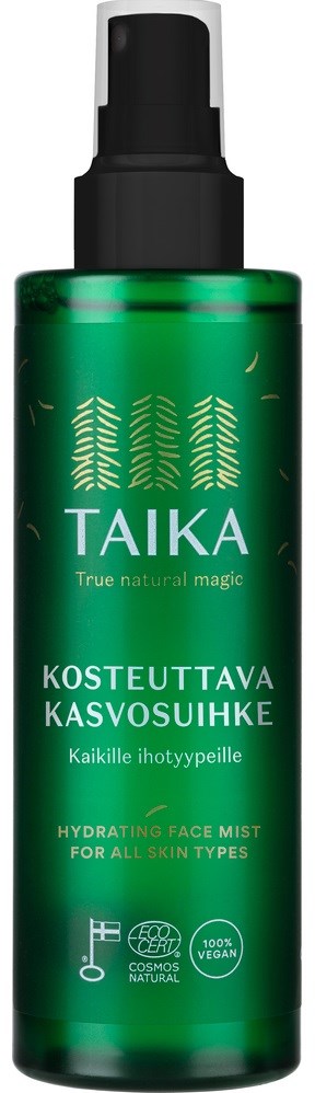 Zielona butelka z sprayem o nazwie Taika, nawilżający spray do twarzy dla wszystkich rodzajów skóry, naturalne składniki, wegański, ekologiczny.