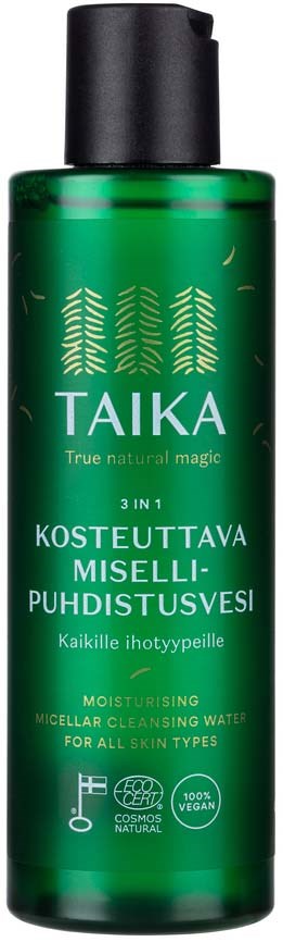 Zielona butelka produktu do pielęgnacji skóry z czarną nakrętką, przeznaczona dla wszystkich rodzajów skóry.