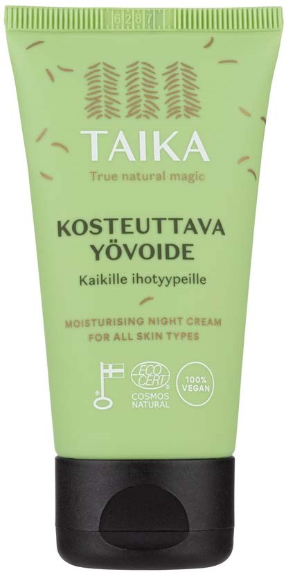 Zielona tubka kremu na noc z czarnym wieczkiem, oznaczona 'TAIKA', dla wszystkich rodzajów skóry, wegańska, ekologicznie certyfikowana.