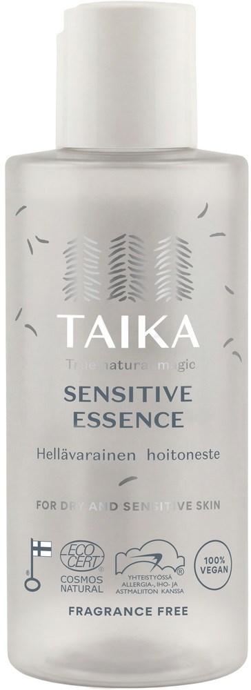 En tydlig flaska med Taika Sensitive Essence med vit lock, innehåller doftfri, vegansk hudvård för känslig hud.