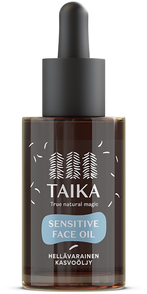 Ciemnobrązowa butelka z czarnym zakraplaczem, oznaczona 'TAIKA Sensitive Face Oil,' do skóry wrażliwej.