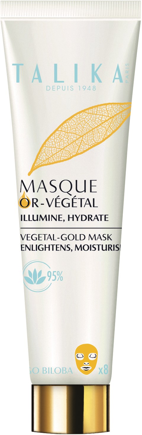 En hvit tube med gullfarget bladdesign og blå tekst, viser 'Talika' og 'Vegetal Gold Mask' for hudpleie.