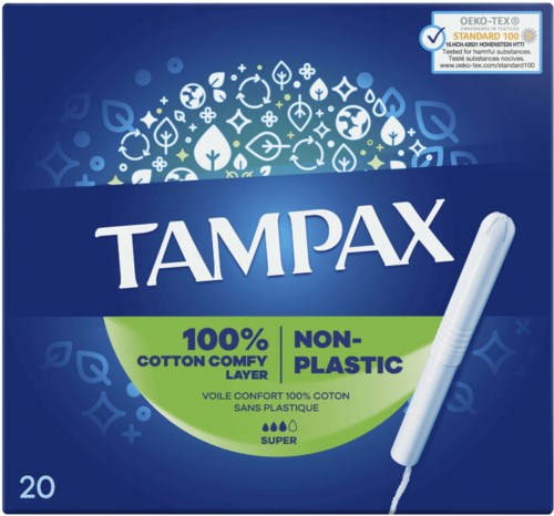 En Tampax tamponemballage i blå, grøn og hvid, viser tamponen og information om bomuld og plast.