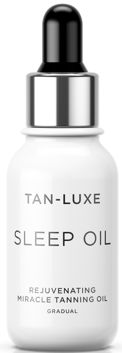 En vit flaska med svart lock och dropper, märkt 'TAN-LUXE SLEEP OIL', för hudvård och solning.